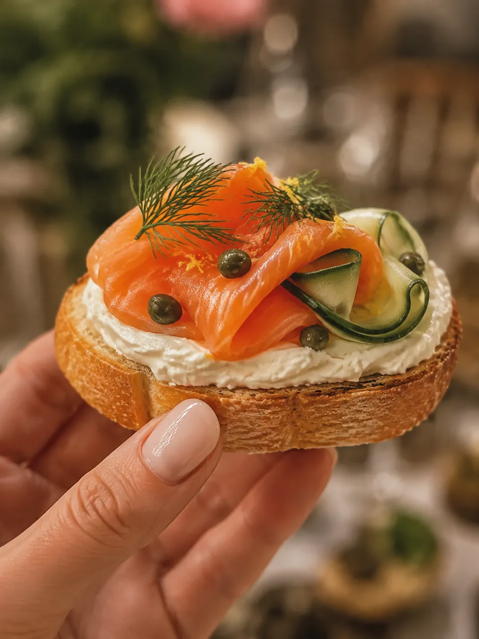 Брускетта с лососем, сливочным сыром, огурцом и каперсами